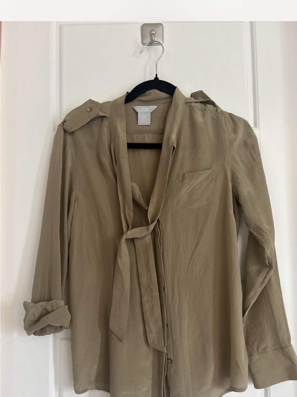 Joe Fresh Olive Tie-Neck Blouse 100%silk